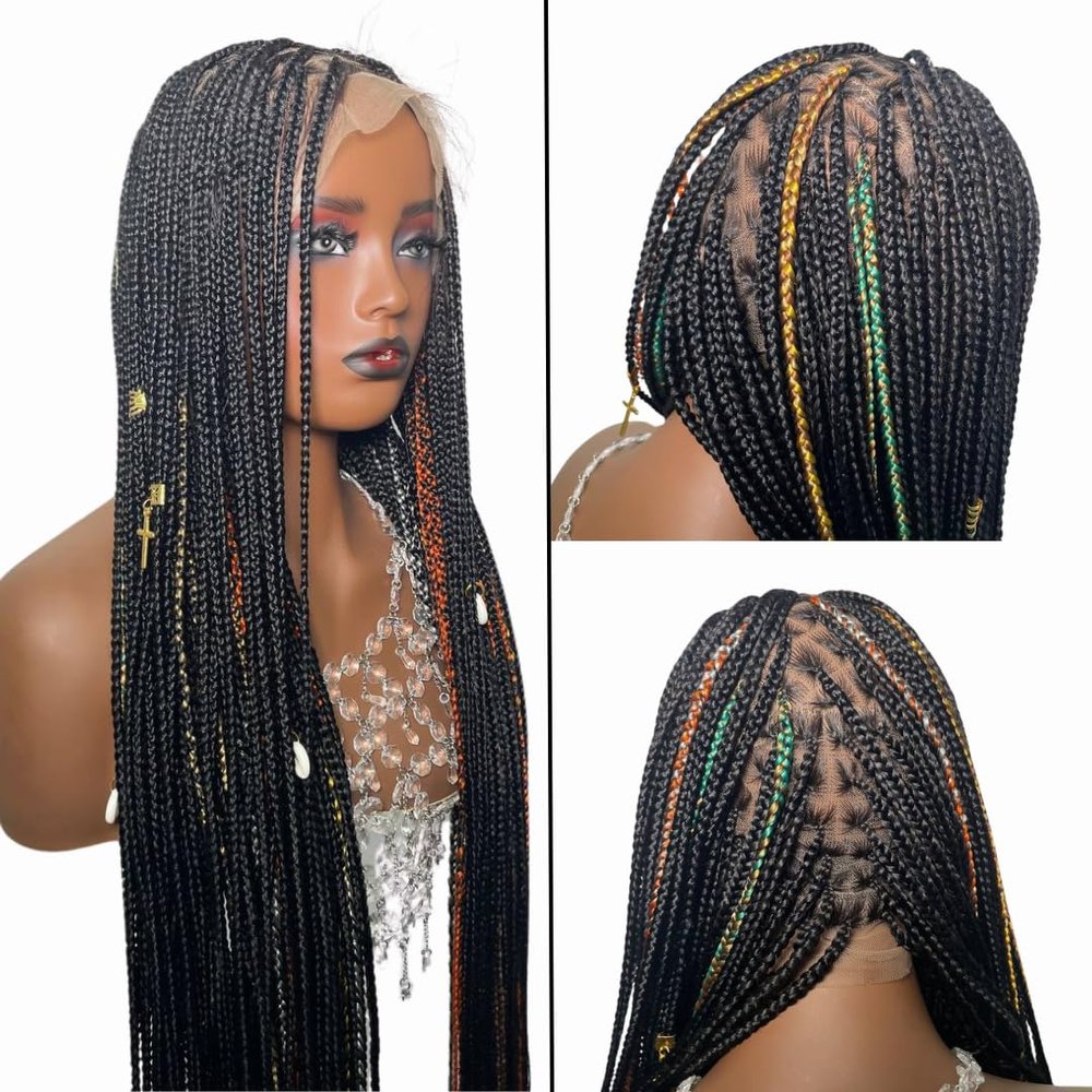 Forever Braids Full Lace Box Braids Adorned Knotless Braided Wig 35 Inches (Black Highlight)