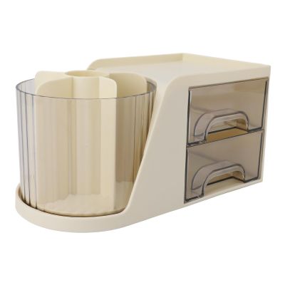 Acouto Rotatable Multifunctional Desktop - 4 Compartment Storage Box with Drawers and Pen Holder (Yellow)