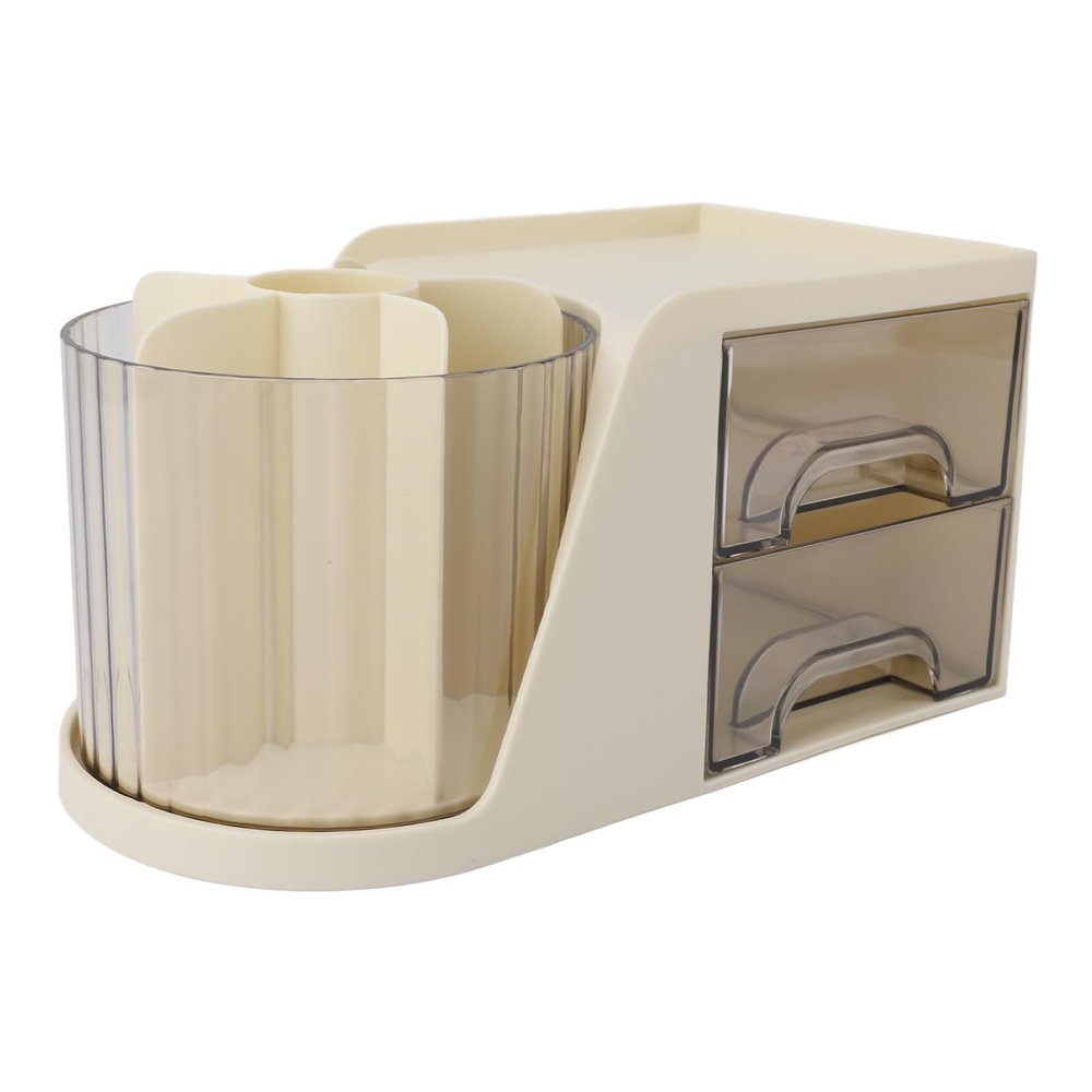 Acouto Rotatable Multifunctional Desktop - 4 Compartment Storage Box with Drawers and Pen Holder (Yellow)