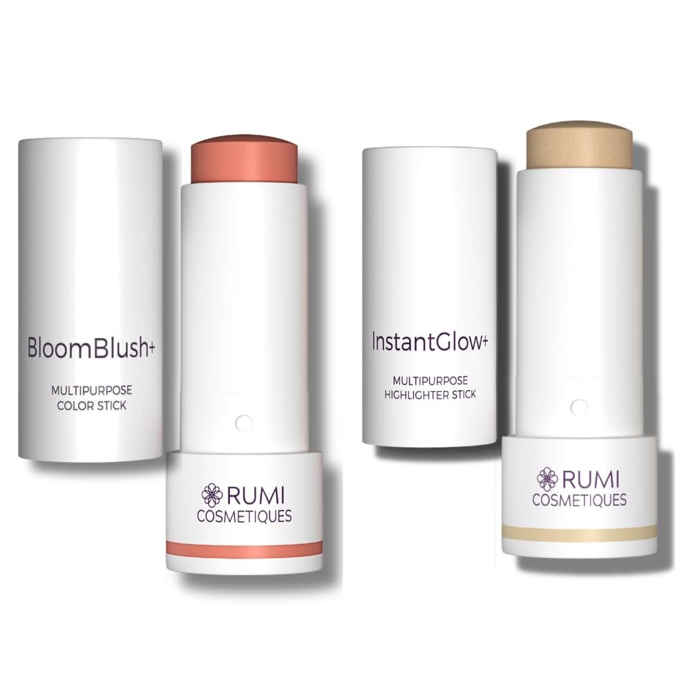 3-in-1 Make Up Stick and Skin Nourishing Highlighter for sensitive skin and older women (BloomBlush+ Nude Peach, InstantGlow+ Vanilla)
