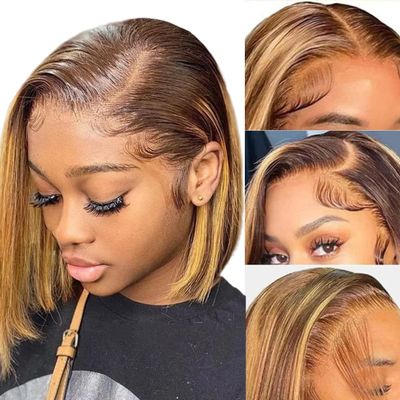 12Inch Highlight Brown Bob Wig Human Hair 13x4 HD Lace Front Wigs Human Hair Pre Plucked Hairline Frontal Glueless Short Straight Bob Wigs for Black Women Ombre Ash Brown Lace Wig Free Part P4/27