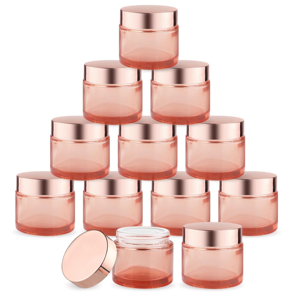 12 Pcs 60g/2oz Glass Cosmetic Jars Refillable Cream Bottle Containers Empty Sample Vials Jar with Rose Gold Lid for Eye Cream Lotion Ointments Lip Balm Scrub - Pink