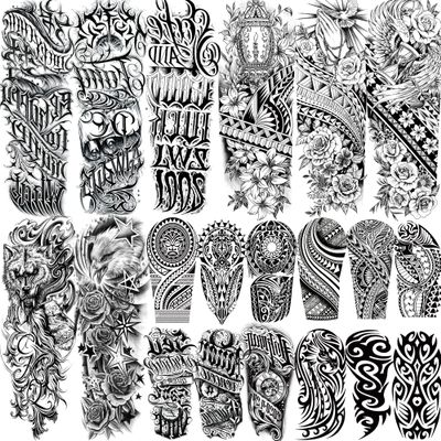 20 Sheets Maori Flower Full Arm Sleeve Temporary Tattoos For Women Adults Thigh, Half Arm Sleeve Tattoos For Men Prayer Rose Peony Florals Eagle Wolf Angel Wings, Black Halloween Fake Tattoo Stickers