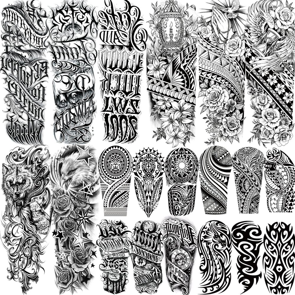 20 Sheets Maori Flower Full Arm Sleeve Temporary Tattoos For Women Adults Thigh, Half Arm Sleeve Tattoos For Men Prayer Rose Peony Florals Eagle Wolf Angel Wings, Black Halloween Fake Tattoo Stickers