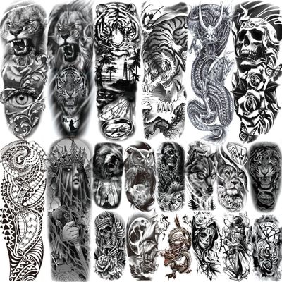 20 Sheets Tiger Lion Flower Full Arm Temporary Tattoos For Men Adults Thigh, Half Arm Sleeve Tattoos For Women Dragon Skull Skeleton Maori Gangster, Temp Bulk Black Halloween Fake Tattoo Stickers