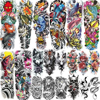 20 Sheets Colored Fish Carp Sea Wave Full Arm Temporary Tattoos For Women Adults Thigh, Half Arm Sleeve Tattoos For Men Lotus Old School, Bulk Watercolor Realistic Halloween Fake Tattoo Stickers