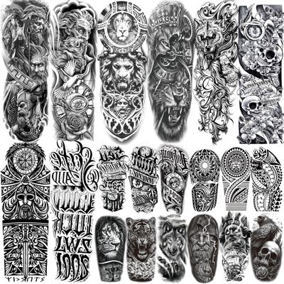 20 Sheets Zeus God Full Arm Temporary Tattoos For Women Adults Thigh, Half Arm Sleeve Tattoos For Men Skull Skeleton Lion Wolf Maori Warrior, 3D Temp Bulk Black Letter Halloween Fake Tattoo Stickers