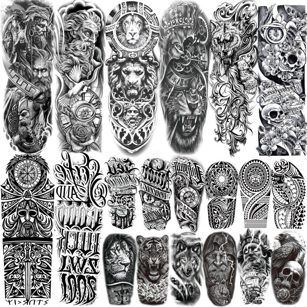 20 Sheets Zeus God Full Arm Temporary Tattoos For Women Adults Thigh, Half Arm Sleeve Tattoos For Men Skull Skeleton Lion Wolf Maori Warrior, 3D Temp Bulk Black Letter Halloween Fake Tattoo Stickers