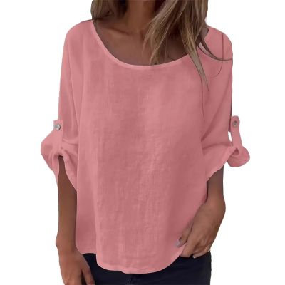 3/4 Sleeve Linen Shirts for Women Casual Baggy Gauze Chambray Peasant Tops Vacation Blouses Plus Size Summer Clothes for Women 2025 Cruise Resort Wear Travel Outfits