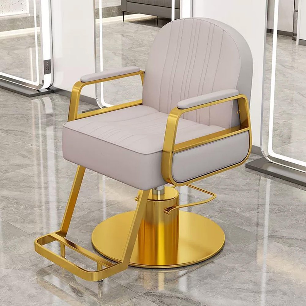 Barber Chairs for Barbershop Adjustable Height 360 Rotation Wide Backrest Elastic Sponge Salon Chair for Hair Stylist with Gold Stainless Steel Round Base and Footrest(Beige)