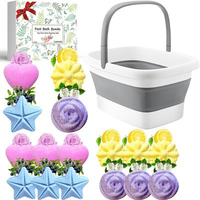 Lanwexy Foot Soaking Tub,Collapsible Bucket,Foot Spa,Foot Bath 16 Pack Foot Soak with Bath Salt and Tea Tree Oil.Foot Bath Soak Tub,Foot Balls for Foot Callus, Dry Cracked, Stubborn Foot Odor Scent.
