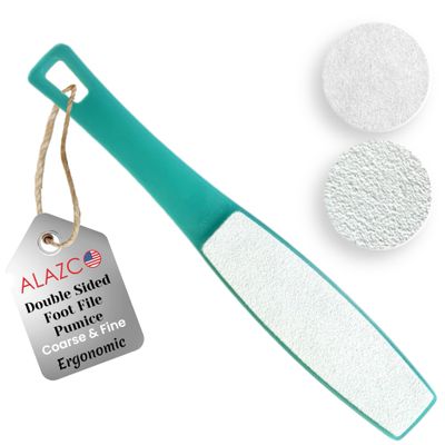 1 ALAZCO Double Sided Foot File Pumice Ergonomic Handle Scrubber Immediate Result Smooth Feet Heel Scraper Exfoliate Buffer Dead Skin Callus Corn Emery Fine & Coarse Pedicure Tool