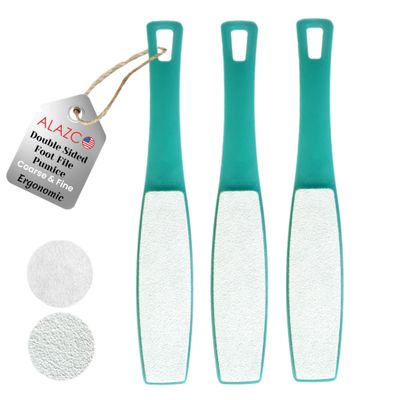 3 ALAZCO Double Sided Foot File Pumice Ergonomic Handle Scrubber Immediate Result Smooth Feet Heel Scraper Exfoliate Buffer Dead Skin Callus Corn Emery Fine & Coarse Pedicure Tool