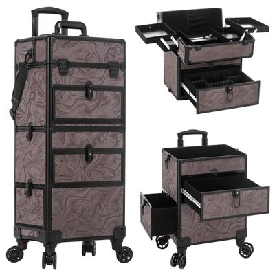 AROUS Rolling Makeup Case with 3 Drawers, Cosmetology Case on Wheels 5 IN 1 Makeup Train Case Make Up Organizer for Artist Salon Nail Teach Trunk,Brown