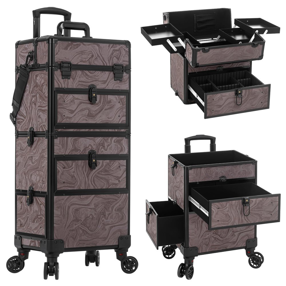 AROUS Rolling Makeup Case with 3 Drawers, Cosmetology Case on Wheels 5 IN 1 Makeup Train Case Make Up Organizer for Artist Salon Nail Teach Trunk,Brown