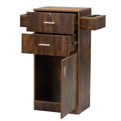 Locking Beauty Salon Station, Hair Styling Barber Station, Spa Salon Equipment with Small Cabinet, Pull Out Drawers, Dryer Holders, Rustic Brown