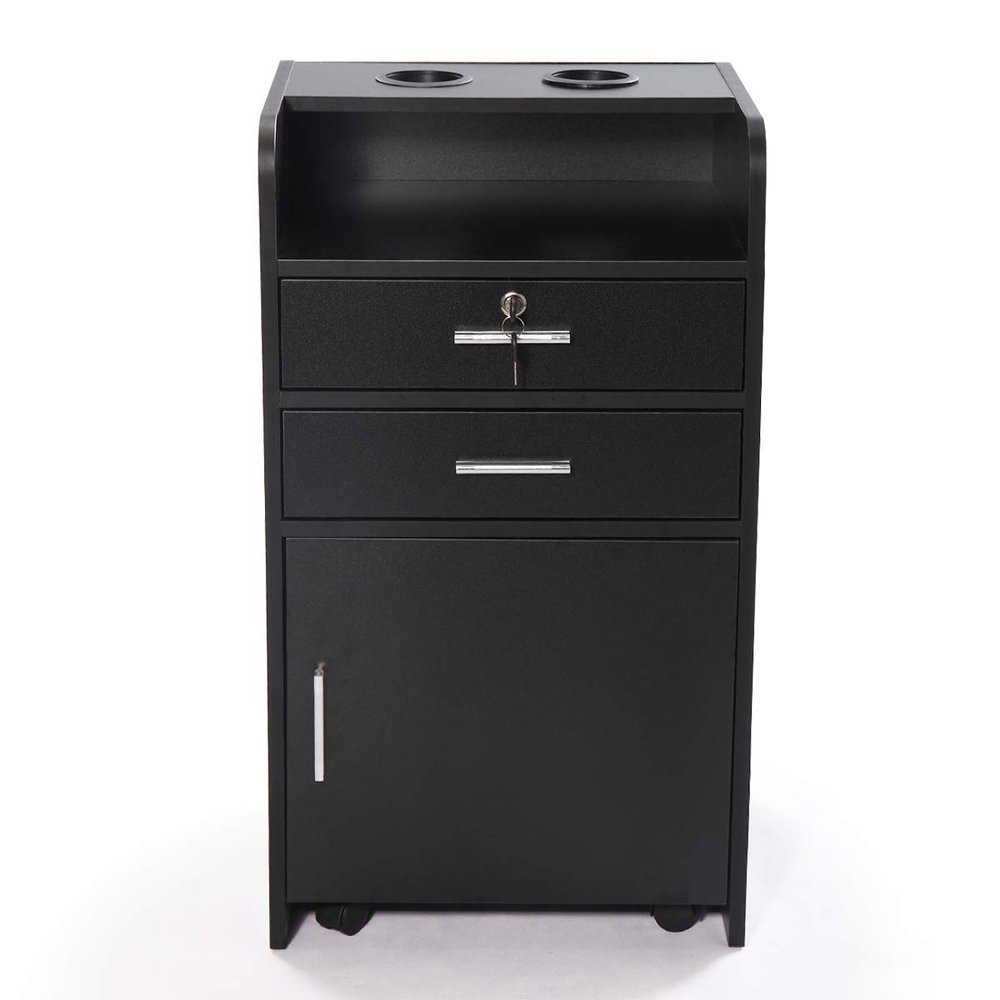 Salon Styling Station with 2 Drawers, 2 Hair Dryer Holders and 1 Cabinet, Black