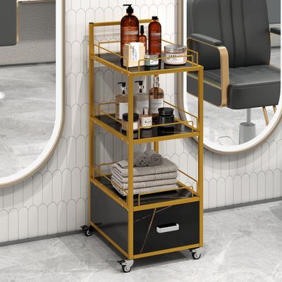 Beauty Salon Storage Trolley Cart,with Lockable Rolling Wheels,Metal e Marbled Board,Drawer Barber Salon Furniture,Black