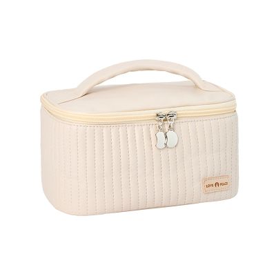 KELINFONG Large Makeup Bag 2024 Pu Leather Large Capacity Waterproof Portable Open Flat Cosmetic Case with Zipper and Handle Toiletry Bags for Traveling Women Quilted Makeup Bag Gifts for Women