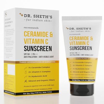 Dr. Sh.eth's Ceramide & Vitamin C Sunscreen | SPF 50+ Pa+++ | In-Vivo Tested | For Bright Skin & Healthy Glow | UVA/B & Bluelight Protection | For Men & Women | For All Skin Type | 50 g