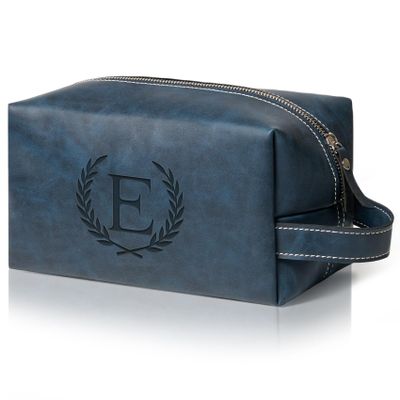 Aganmi Personalized Gifts Travel Toiletry Bag for Men Engraved Initial PU Leather Waterproof Shaving Bag for Toiletries Accessories Fathers Day Birthday Gift for Men Dad Husband Son, Dark Blue E