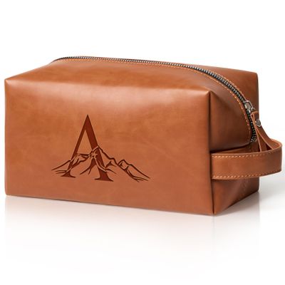 Aganmi Personalized Gifts Travel Toiletry Bag for Men Engraved Initial PU Leather Waterproof Shaving Bag for Toiletries Accessories Fathers Day Birthday Gift for Men Dad Husband Son, Light Brown A