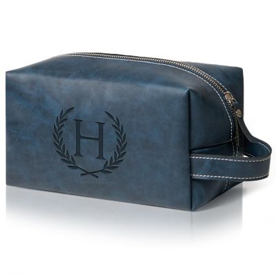 Aganmi Personalized Gifts Travel Toiletry Bag for Men Engraved Initial PU Leather Waterproof Shaving Bag for Toiletries Accessories Fathers Day Birthday Gift for Men Dad Husband Son, Dark Blue H