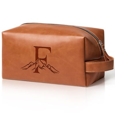 Aganmi Personalized Gifts Travel Toiletry Bag for Men Engraved Initial PU Leather Waterproof Shaving Bag for Toiletries Accessories Fathers Day Birthday Gift for Men Dad Husband Son, Light Brown F
