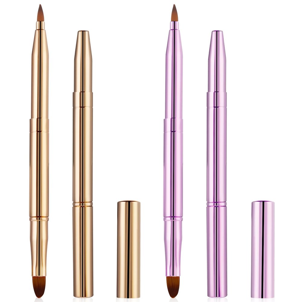 2 Pcs Lip Brush for Lipstick, Double Ended Retractable Lipstick Brush with Cap Reusable Versatile Lip Applicator Wands for Lips Gloss, Eyeshadow Include Lid (Gold and Pink)
