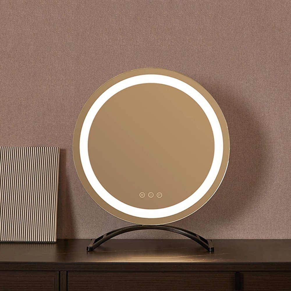 Standing Tabletop Mirror, LED Lighted Round Mirror, Dimmable Touch Switch Makeup Mirror, with 3 Color Lights, Metal Frame, Compatible with Vanity Table, Room Decor, Beauty Gifts,Mirrors