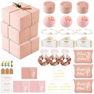 37pcs Bridesmaid Gifts Set Of 3 PinkMaid of Honor Proposal Box Gift,Scented Candle Salt Ball Makeup Bag Rectangular Hair Clip Bridesmaids Scrunchies Knot Bracelet Bridal Shower Wedding Party