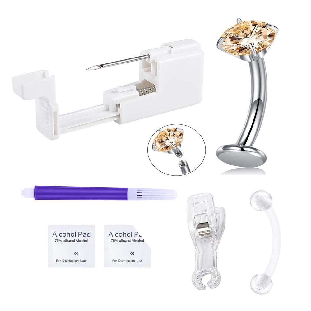 QWALIT Titanium Belly Button Piercing Kit Silver Floating Belly Button Piercing Kits Self Belly Piercings Gun at Home Surgical Steel Implant Grade Titanium Belly Rings Flat Back Navel Ring Yellow