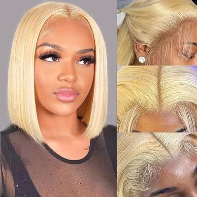 10 Inch 613 Blonde Bob Wig Human Hair 180 Density Straight Lace Front Wigs Human Hair Pre Plucked 613 Lace Front Wig Human Hair Short Blonde Wig 13x4 HD Lace Frontal Short Bob Wigs for Black Women