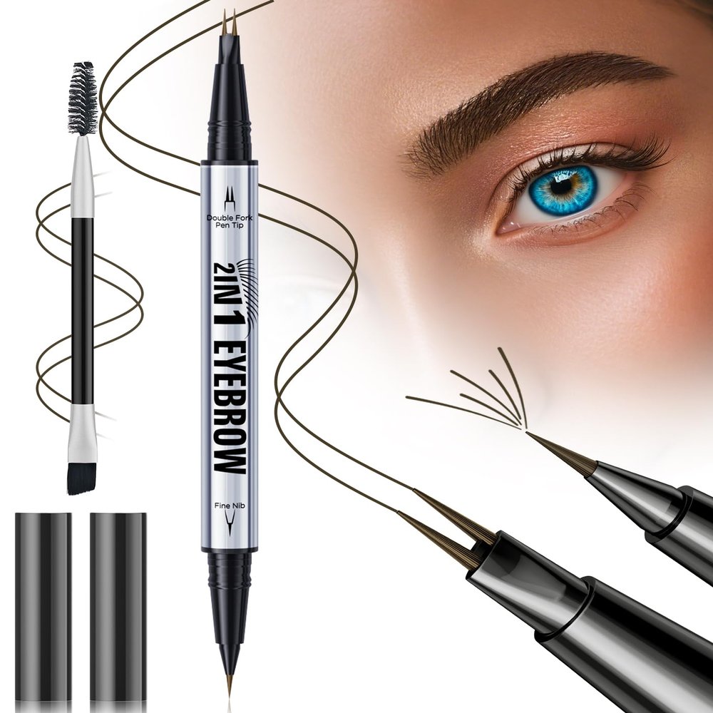 Microblading Eyebrow Pen, Eyebrow Pencil Brown Hair Like Natural Liquid Brow Contouring Pen, 2-in-1 Dual-Ended Long Lasting Eye Brow Filler Pencil with Precise 2 Micro-Fork-Tip (Black Brown)
