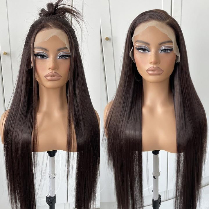 MITIMES 13x6 Brown Straight Lace Front Wigs Pre-Plucked Glueless Long Straight HD Lace Front Wig Synthetic Chocolate Wear And Go Lace Front Wig 32inch