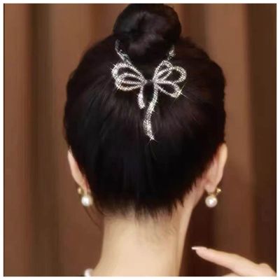 Aneneiceera Vintage Crystal Bow Tail Hair Holder Clip Long Rhinestone Hair Barrettes Black Ribbon Tail Hair Barrettes Metal Bow Banana Clip Barrette Accessories for Women (Black)
