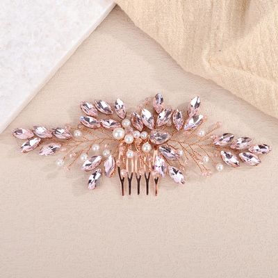 Rumtock Pink Crystal Hair Comb with Pearl Side Headpiece for Wedding Brides Women Handmade Jewelry (Pink)