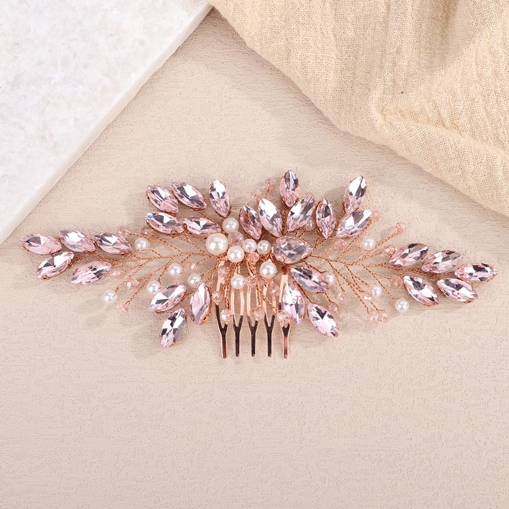 Rumtock Pink Crystal Hair Comb with Pearl Side Headpiece for Wedding Brides Women Handmade Jewelry (Pink)