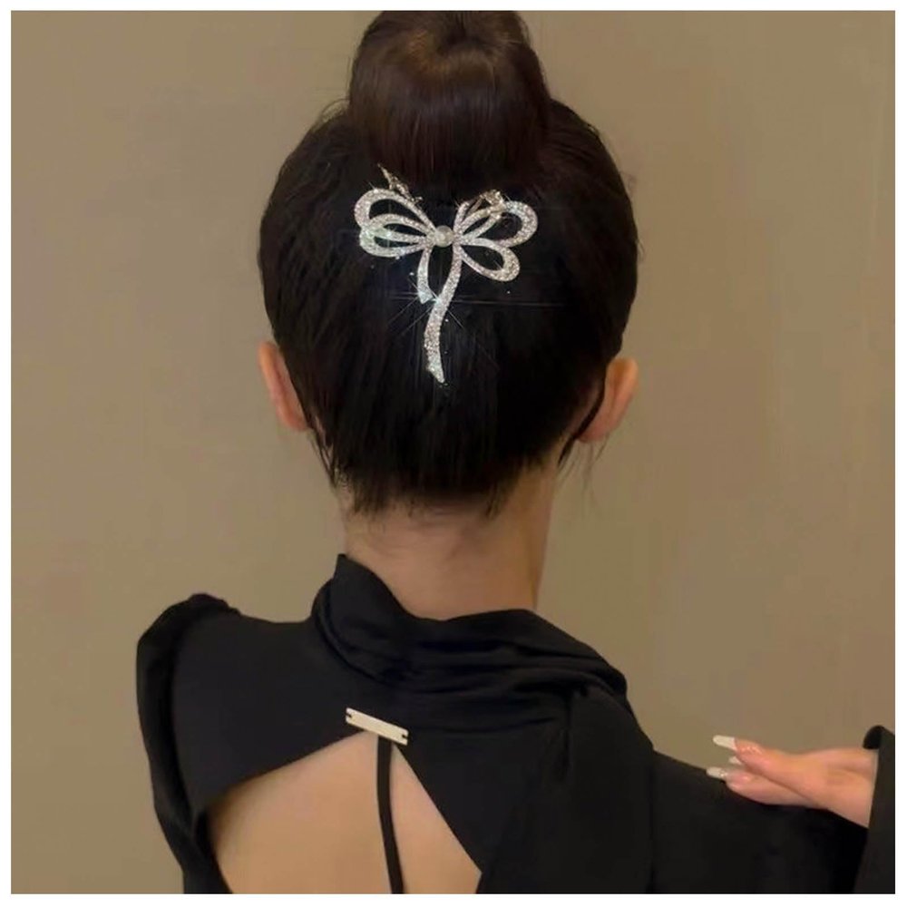 Aneneiceera Vintage Crystal Bow Tail Hair Holder Clip Long Rhinestone Hair Barrettes Gold Ribbon Tail Hair Barrettes Metal Bow Banana Clip Barrette Accessories for Women (Gold)