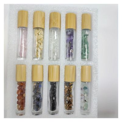 10pcs 0.34oz Jade Roller Bottles with Crystal Chips - Refillable Glass Essential Oil & Perfume Containers, Travel-Friendly with Bamboo Caps