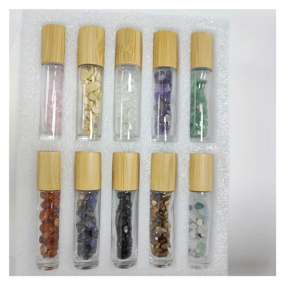 10pcs 0.34oz Jade Roller Bottles with Crystal Chips - Refillable Glass Essential Oil & Perfume Containers, Travel-Friendly with Bamboo Caps