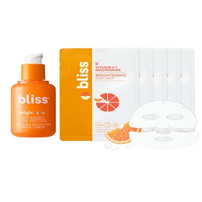 Bliss Vitamin C Glow Boosting Set  Bright Idea Serum with Tri-Peptides (1 oz) + 5-Pack of Vitamin C-Infused Sheet Masks  Brightening & Hydrating Skincare for Radiant, Even-Toned Skin