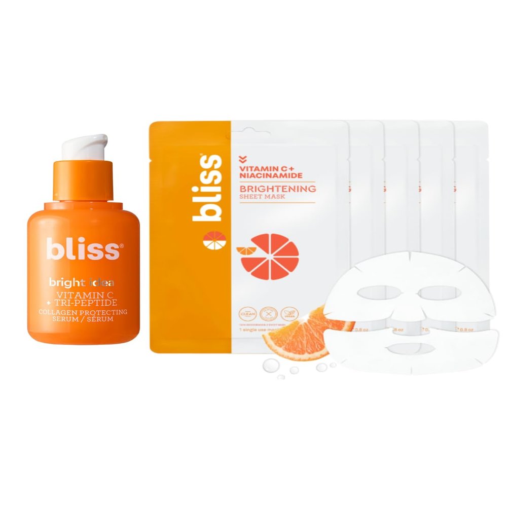 Bliss Vitamin C Glow Boosting Set  Bright Idea Serum with Tri-Peptides (1 oz) + 5-Pack of Vitamin C-Infused Sheet Masks  Brightening & Hydrating Skincare for Radiant, Even-Toned Skin