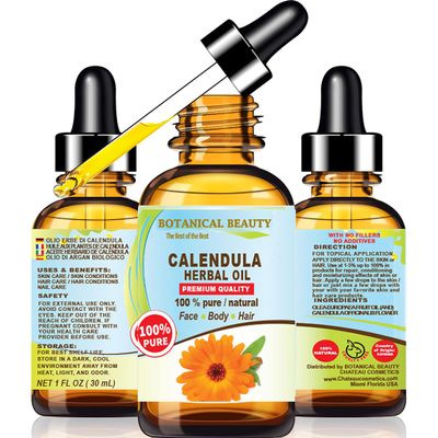 Botanical Beauty CALENDULA HERBAL OIL Calendula Officinalis Marigold Oil 100% Natural for FACE, SKIN, BODY, HAIR, NAILS, Foot Care. 1 Fl.oz.- 30 ml