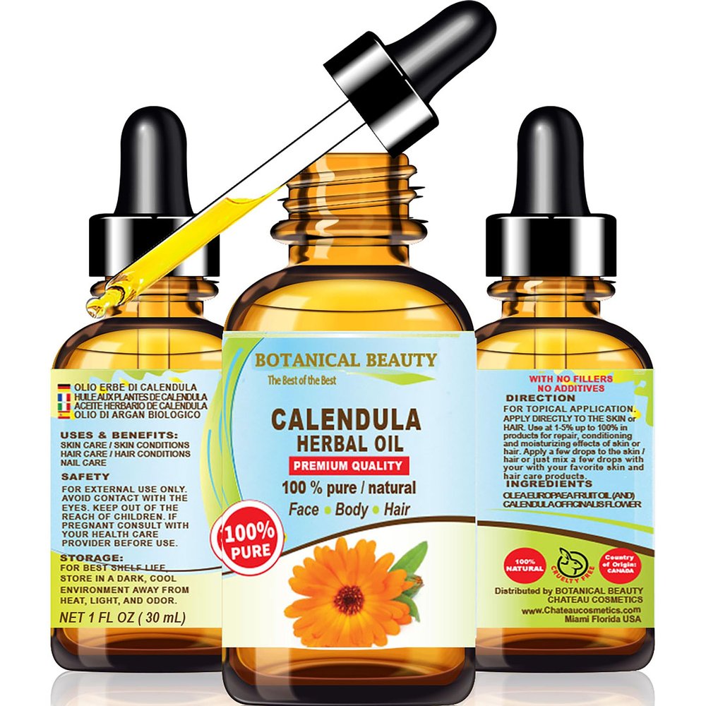 Botanical Beauty CALENDULA HERBAL OIL Calendula Officinalis Marigold Oil 100% Natural for FACE, SKIN, BODY, HAIR, NAILS, Foot Care. 1 Fl.oz.- 30 ml