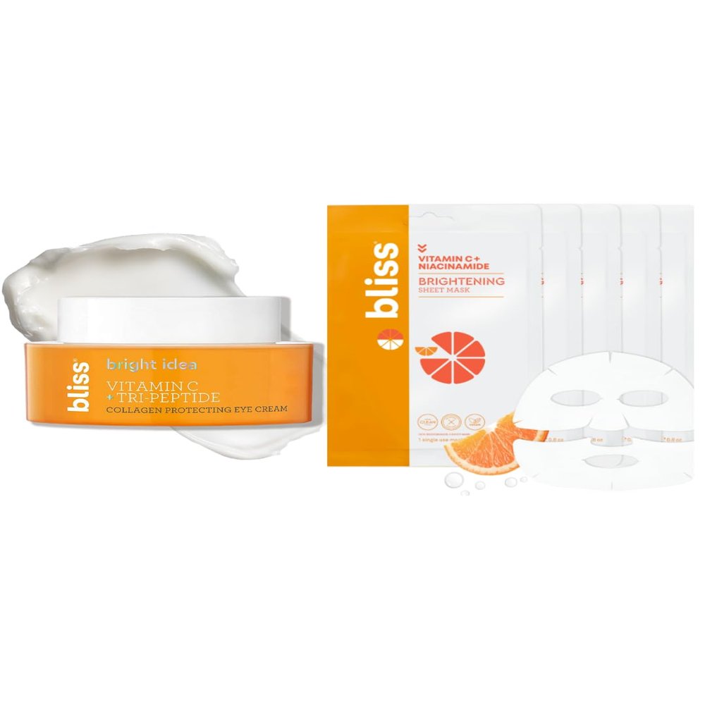 Bliss Vitamin C Radiance Eye & Face Set  Bright Idea Eye Cream with Tri-Peptides + 5-Pack of Vitamin C Sheet Masks  Brightening & Hydrating Skincare for Under Eyes and Full Face Glow