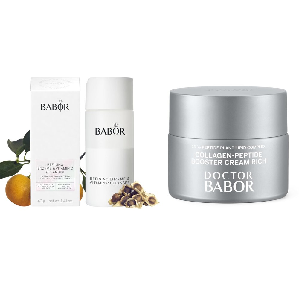 BABOR Luxury Face Routine - Collagen Peptide Booster Cream Rich - Refining Enzyme & Vitamin C Cleanser - Hydrate Skin & Even Complexion - 1.69oz / 2.82oz