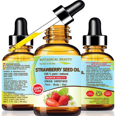 Botanical Beauty STRAWBERRY SEED OIL. 100% Pure Natural Virgin Unrefined Cold Pressed Carrier Oil 1 Fl Oz- 30 ml. for FACE, SKIN, BODY, DAMAGED HAIR, NAILS. Rich in Omega-3, Vitamin C, Vitamin E