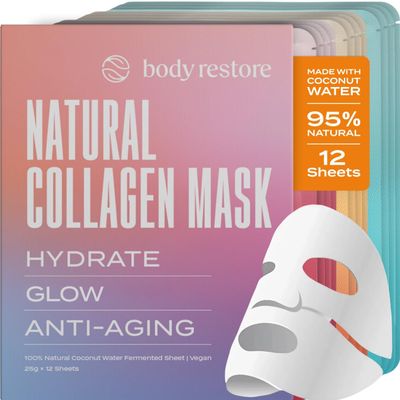 Body Restore Natural Collagen Face Mask 12 Pack  Valentines Day Gifts for Her and Him, Korean Skin Care Mask with Fermented Coconut Water, Birthday Gifts for Women & Men, Dry Skin  Variety