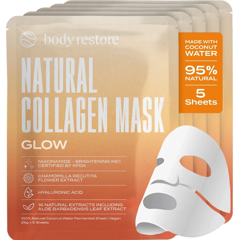 Body Restore Natural Collagen Face Mask 5 Pack  Korean Skin Care Mask with Fermented Coconut Water, Christmas Stocking Stuffers, White Elephant, Birthday Gifts for Women & Men, Dry Skin - Glow